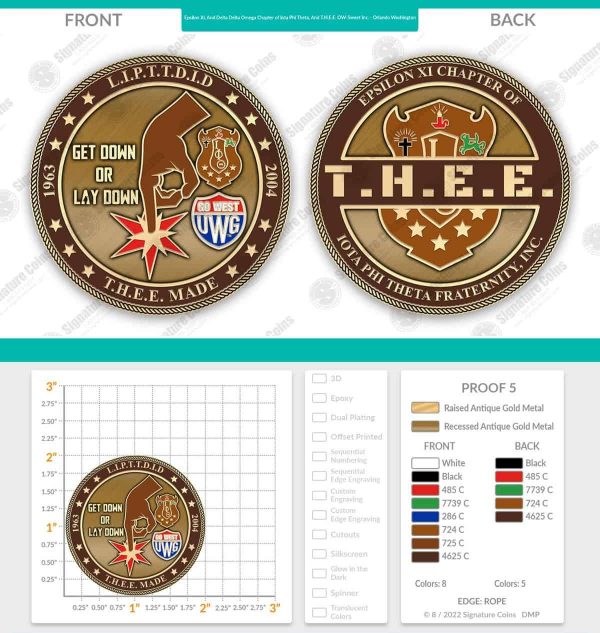 T.H.E.E. Epsilon Xi Coin with roped edges, full color and T.H.E.E. Logo